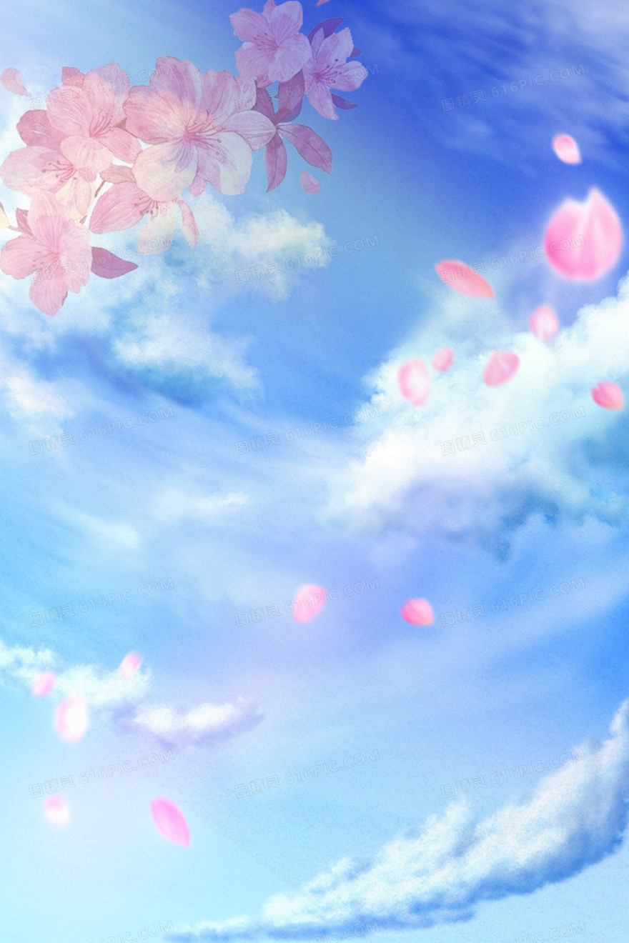蓝色天空桃花飞舞海报背景素材