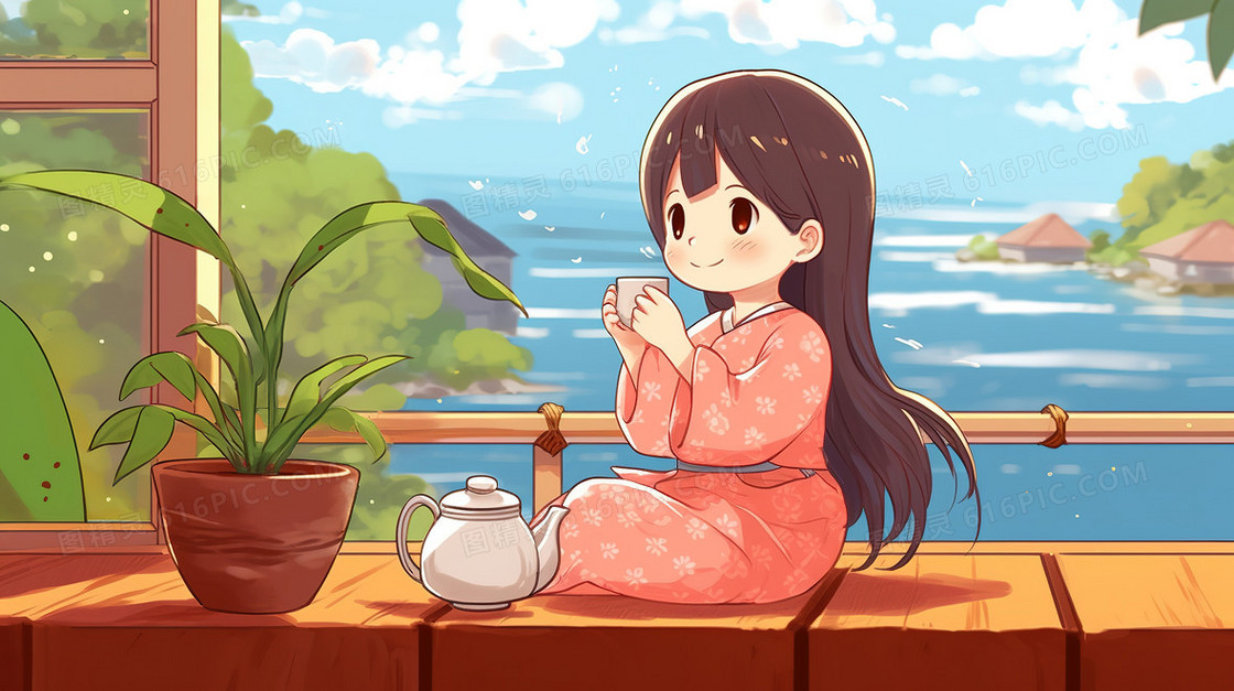 卡通日系风可爱的女孩在窗边喝茶
