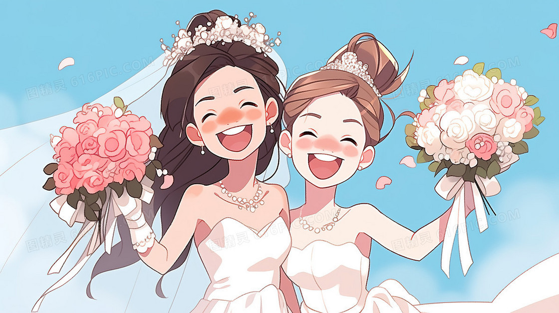 两个拿着手捧花的新娘在开心的笑着