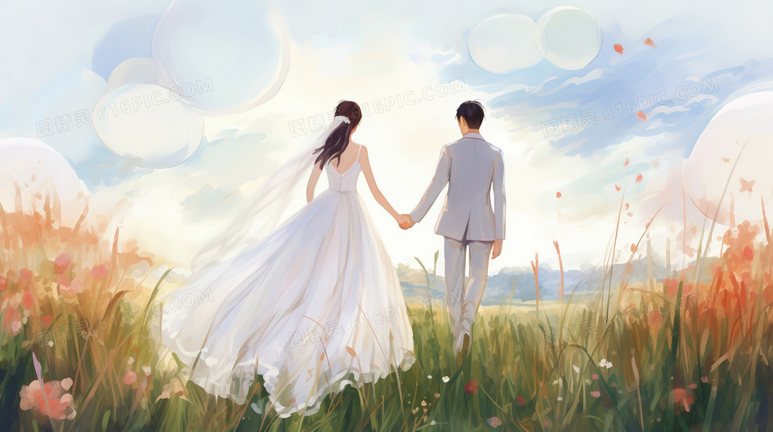 唯美风一对新人在草地上的婚纱照