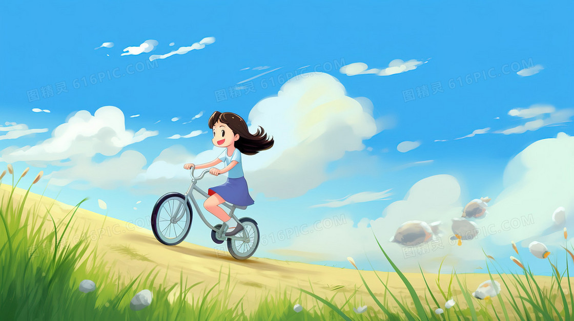 清新风女孩在绿色的草地上骑自行车