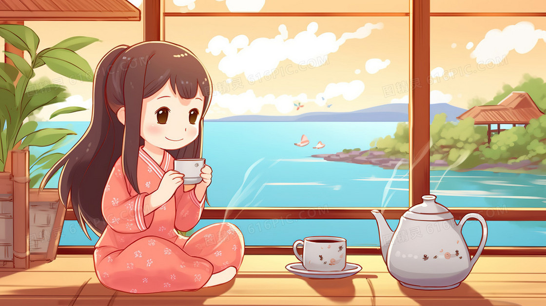 卡通日系风格一个女孩坐在窗边喝茶