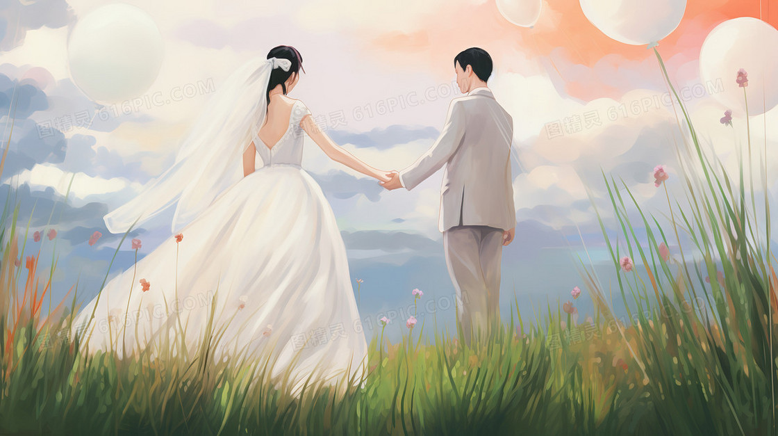 唯美风一对新人在草地上的婚纱照