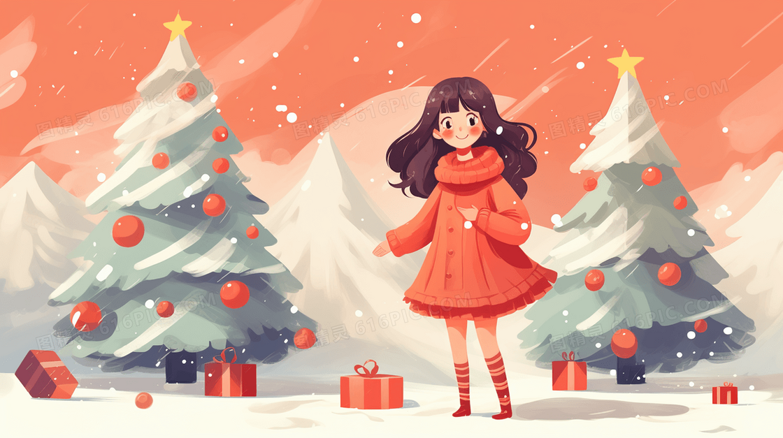 冬天雪地里圣诞树旁领取礼物的孩子插画