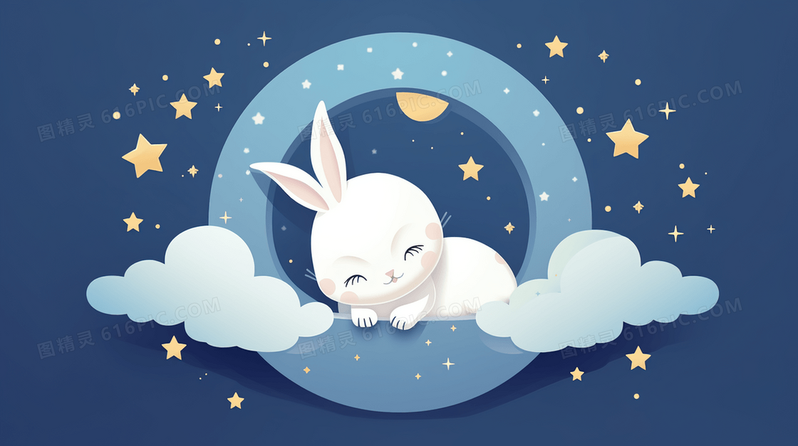 星空月亮下在云朵上睡觉的小白兔可爱插画