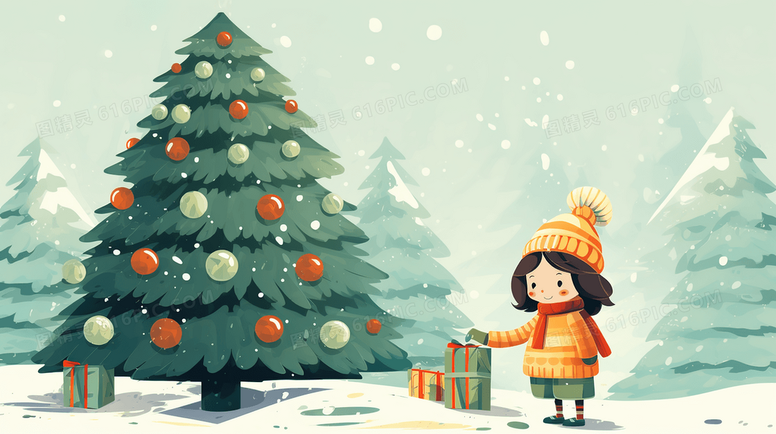 冬天雪地里圣诞树旁领取礼物的孩子插画