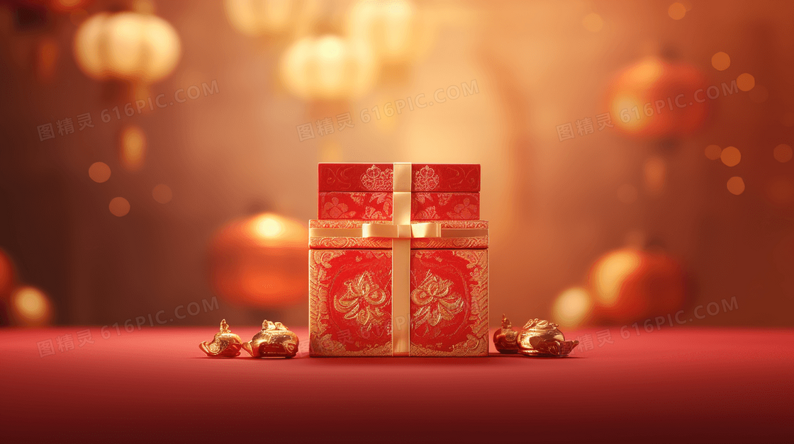 红色中国风春节包装精美的礼盒插画
