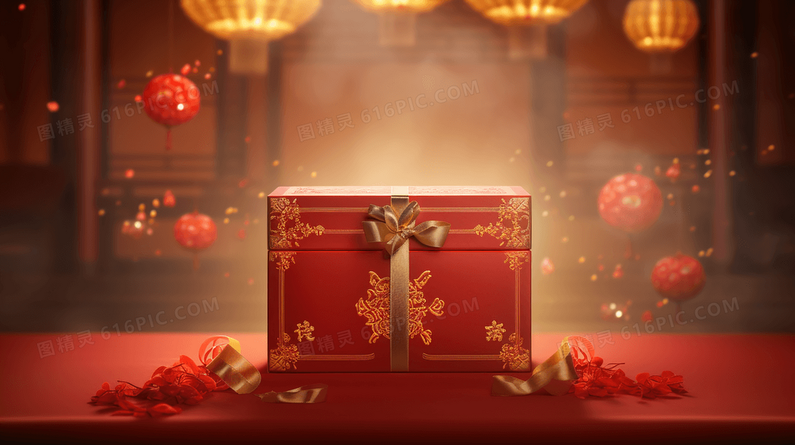 红色中国风春节包装精美的礼盒插画