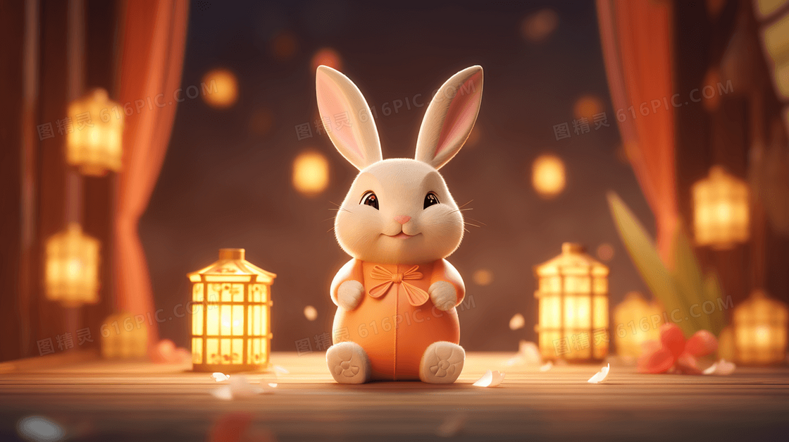 中秋节灯笼旁的小白兔可爱插画