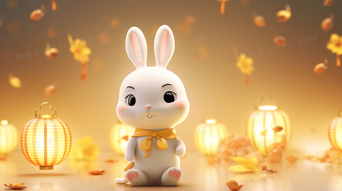 中秋节灯笼旁的小白兔可爱插画