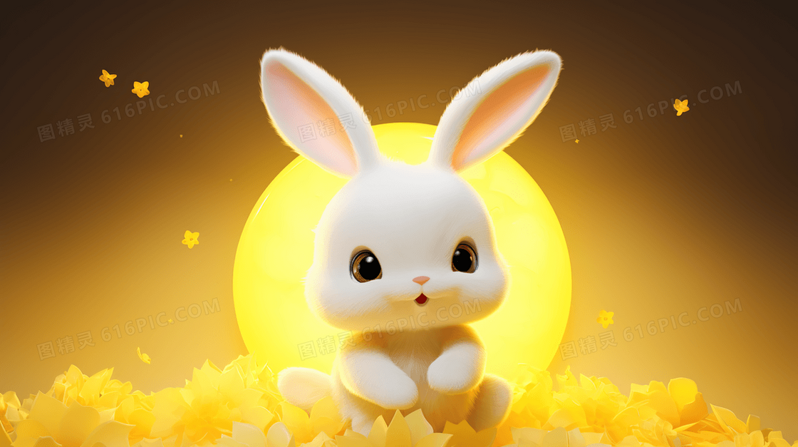 金黄色花朵中的小白兔可爱卡通插画