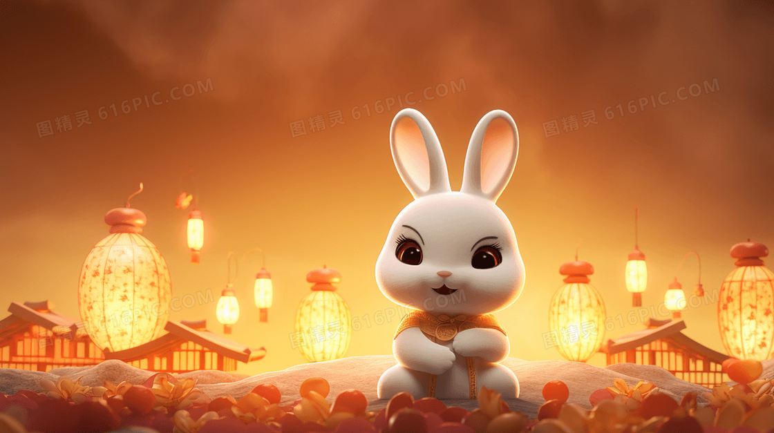 中秋节灯笼旁的小白兔可爱插画
