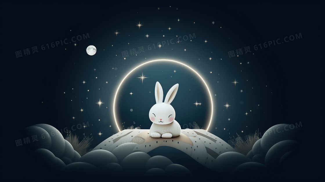 夜晚月亮星空下睡觉的小白兔可爱卡通插画