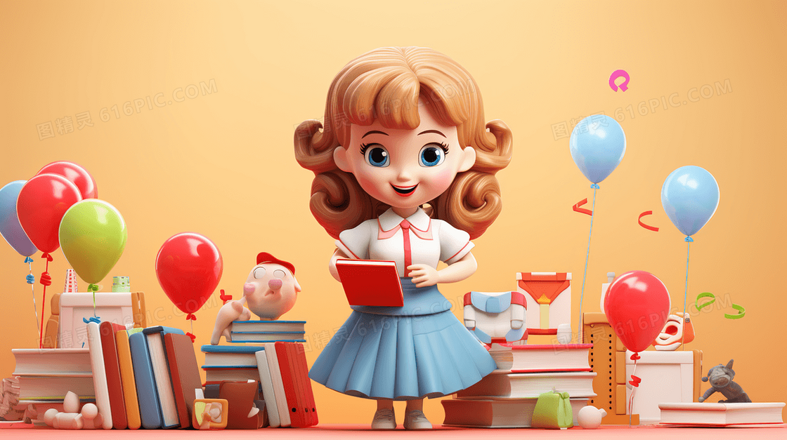 3D立体上课的幼儿园女教师插画