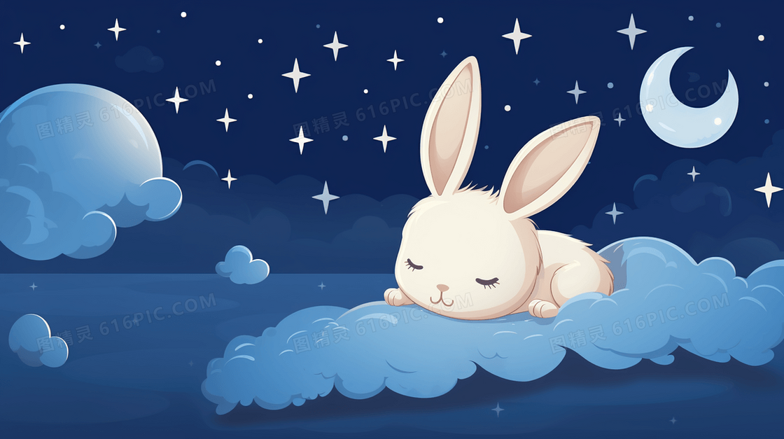 星空月亮下在云朵上睡觉的小白兔可爱插画