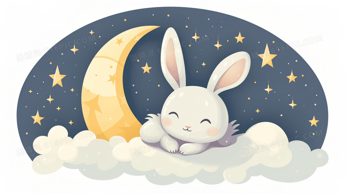 星空月亮下在云朵上睡觉的小白兔可爱插画