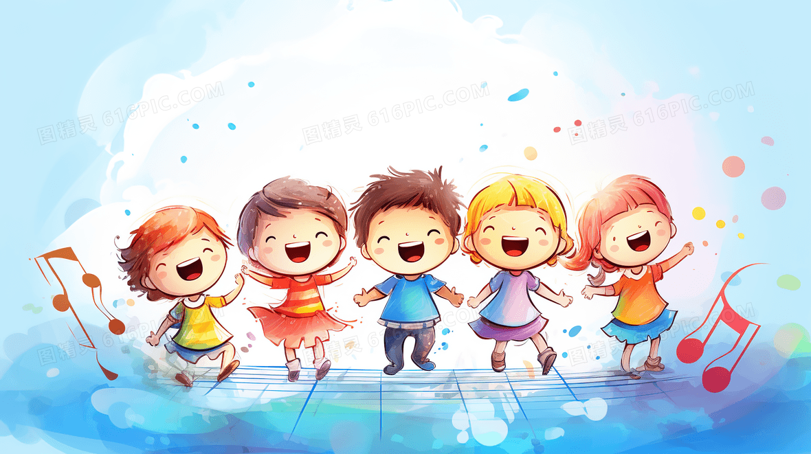 沉浸在音乐世界快乐歌唱的孩子们插画