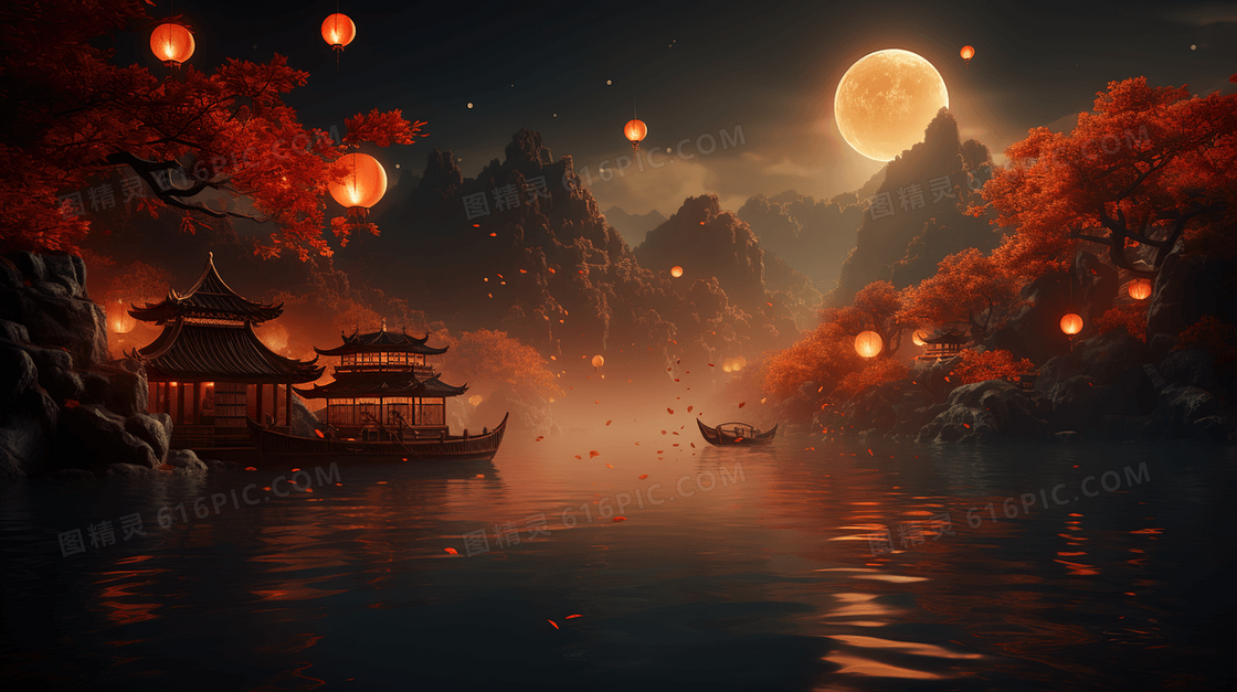 中秋节河面月亮倒影宁静唯美场景插画