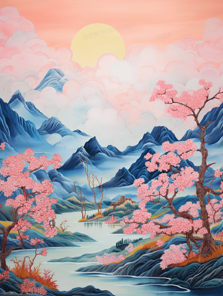 中国风唯美意境山水建筑风景插画