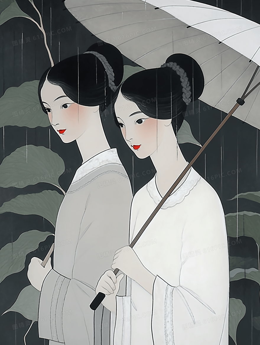 中国风白描雨中打着伞的古典美人插画