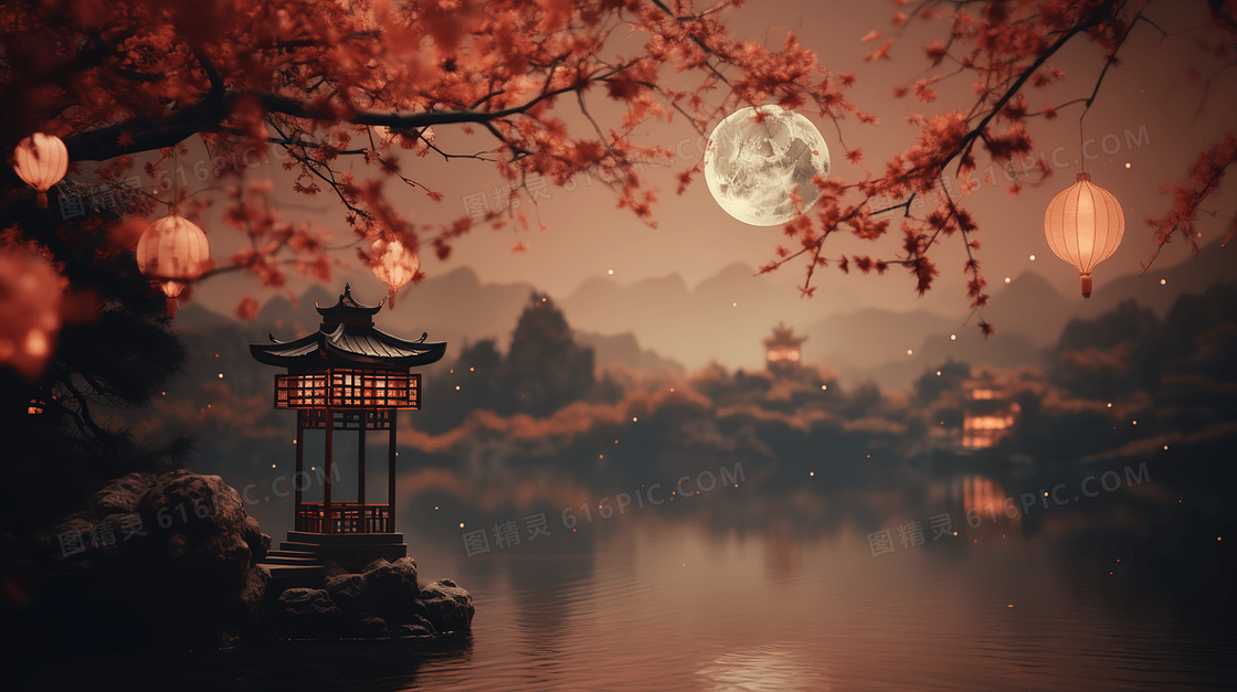 中秋节河面月亮倒影宁静唯美场景插画