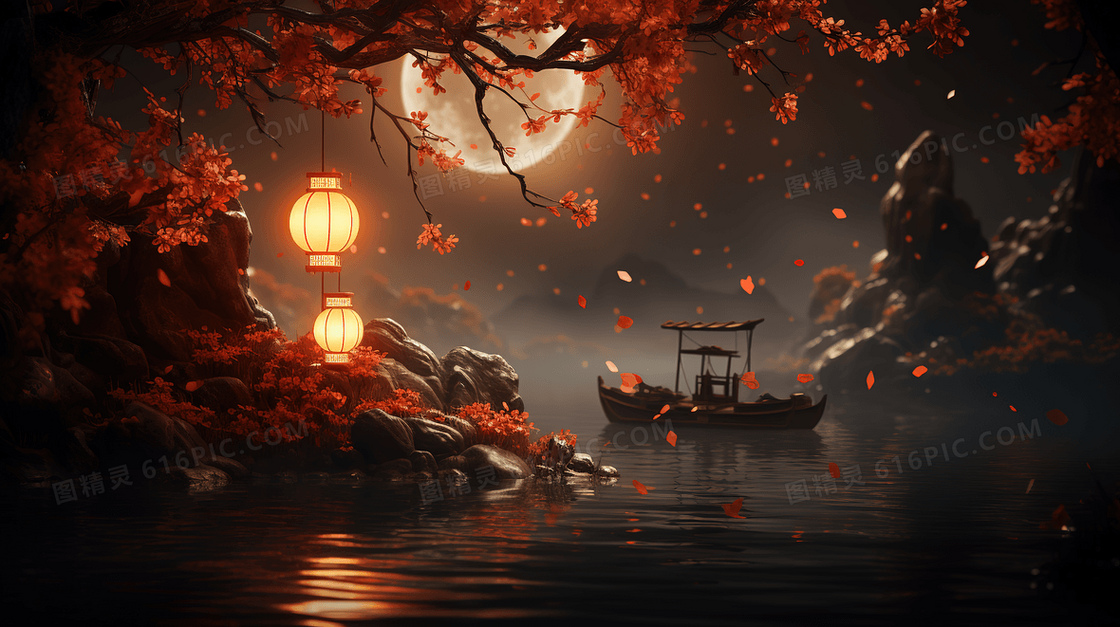 中秋节河面月亮倒影宁静唯美场景插画