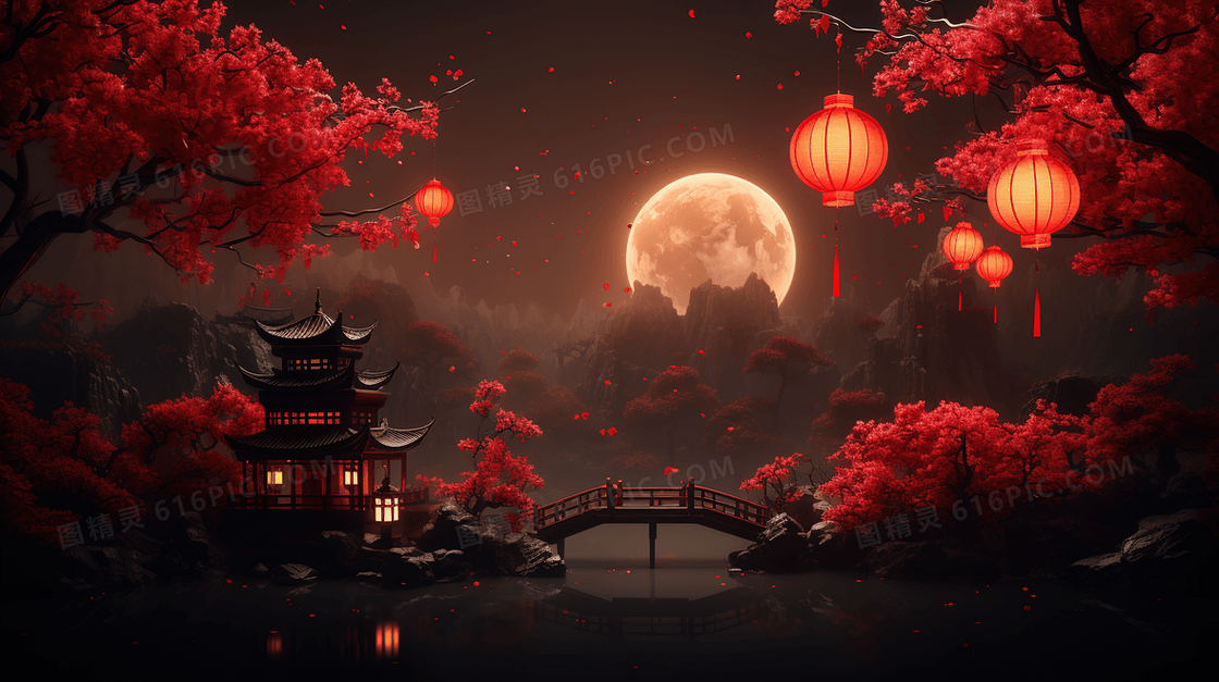 中秋节河面月亮倒影宁静唯美场景插画