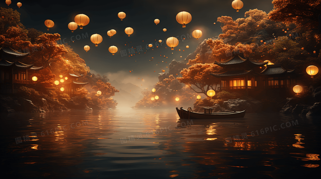 中秋节河面月亮倒影宁静唯美场景插画
