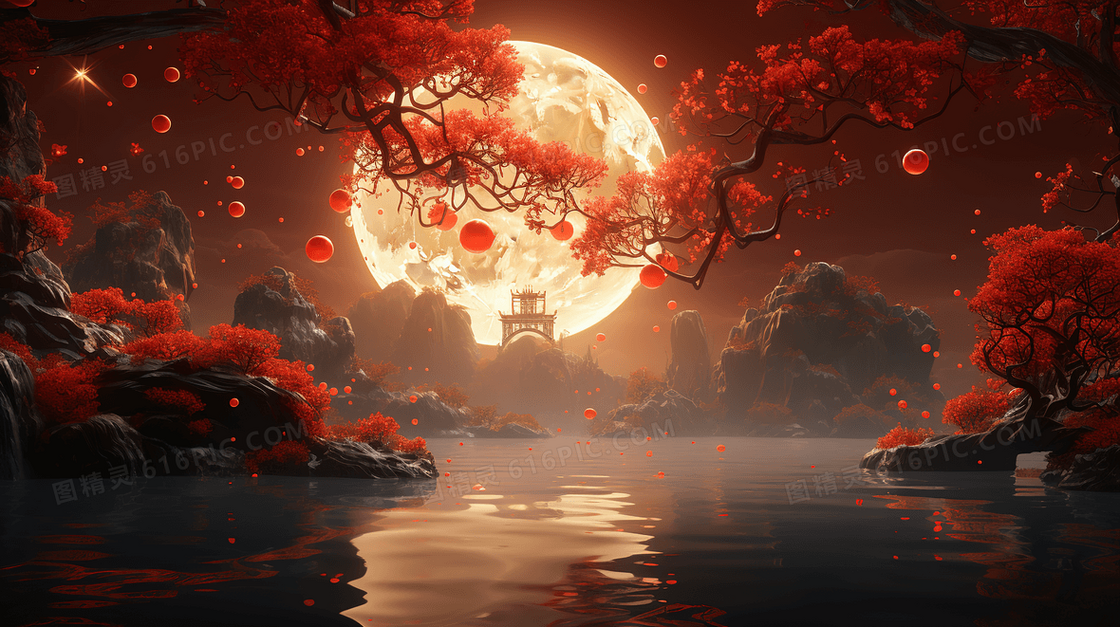 中秋节河面月亮倒影宁静唯美场景插画