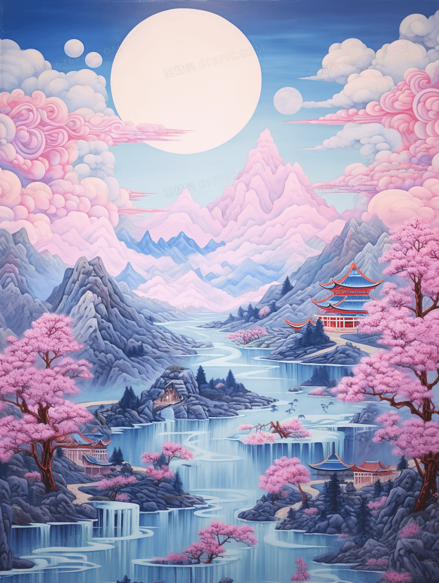 中国风唯美意境山水建筑风景插画