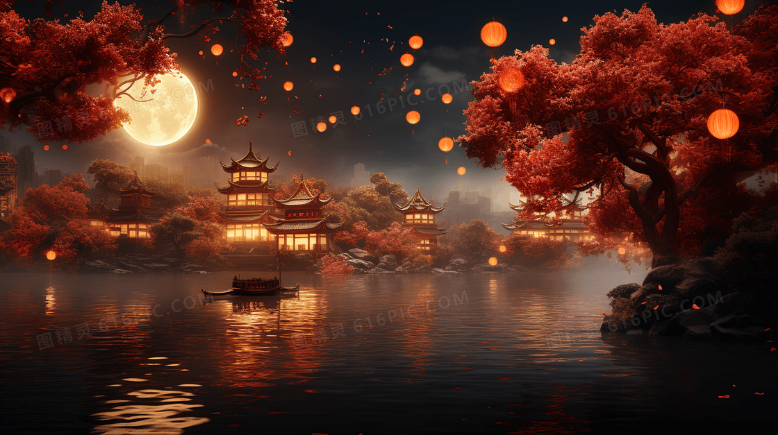 中秋节河面月亮倒影宁静唯美场景插画