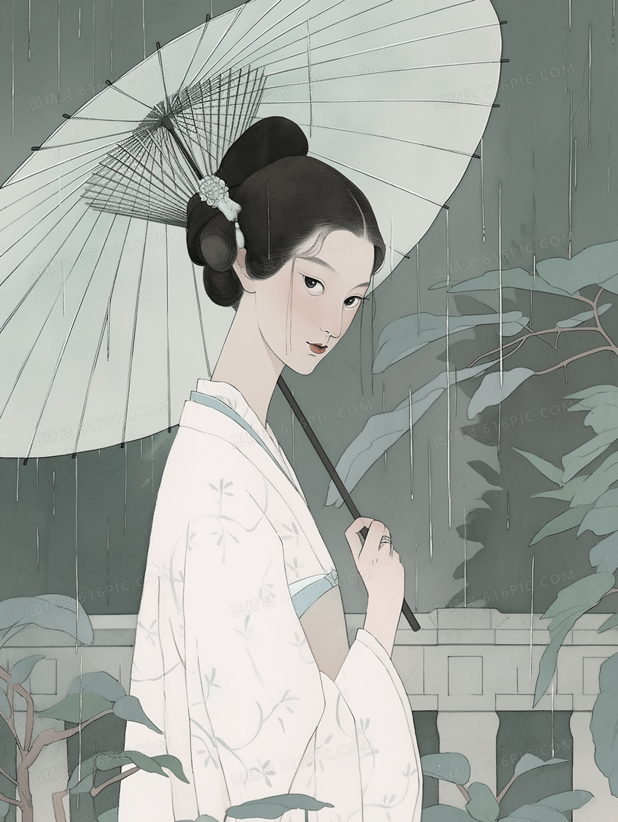 中国风白描雨中打着伞的古典美人插画