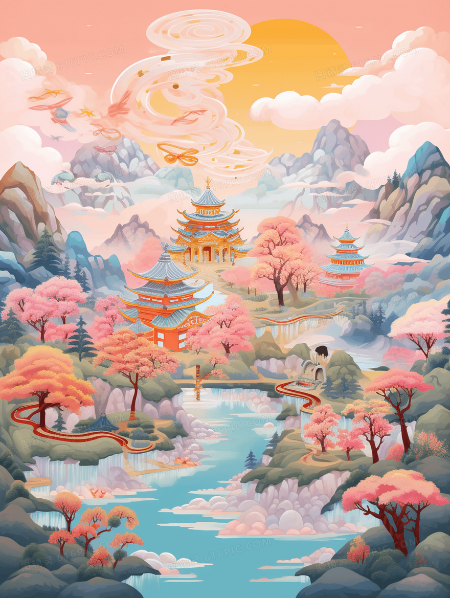 中国风古典山水树木建筑风景插画
