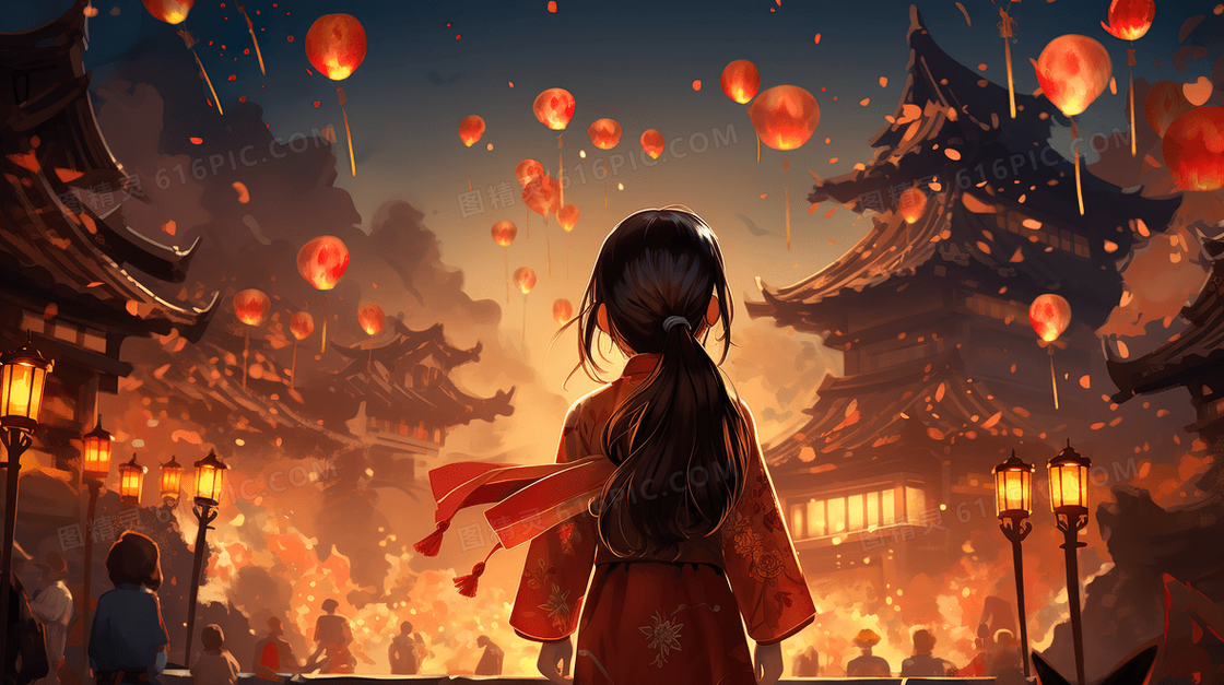 可爱女孩穿着红色喜庆的新衣服参加节日活动创意插画