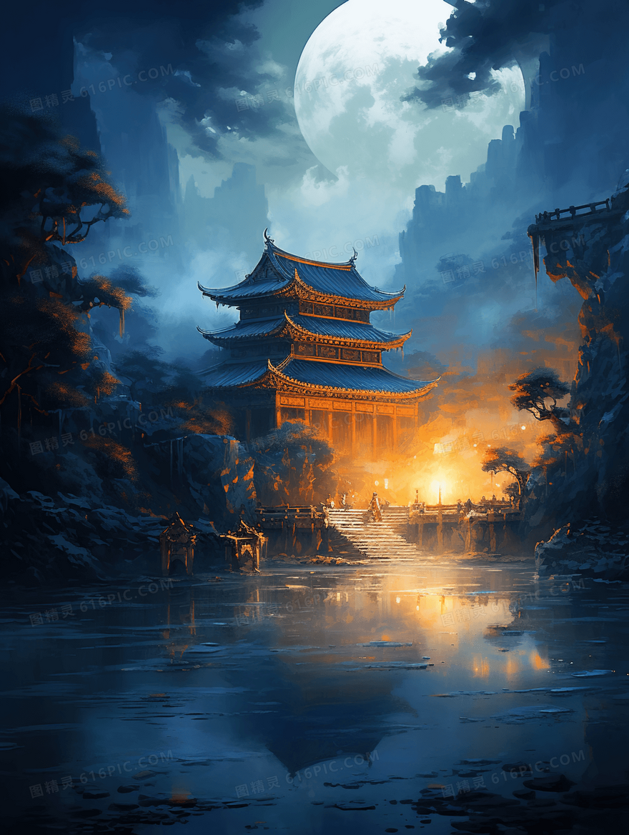 中国风夜晚山中楼阁建筑山水风景插画