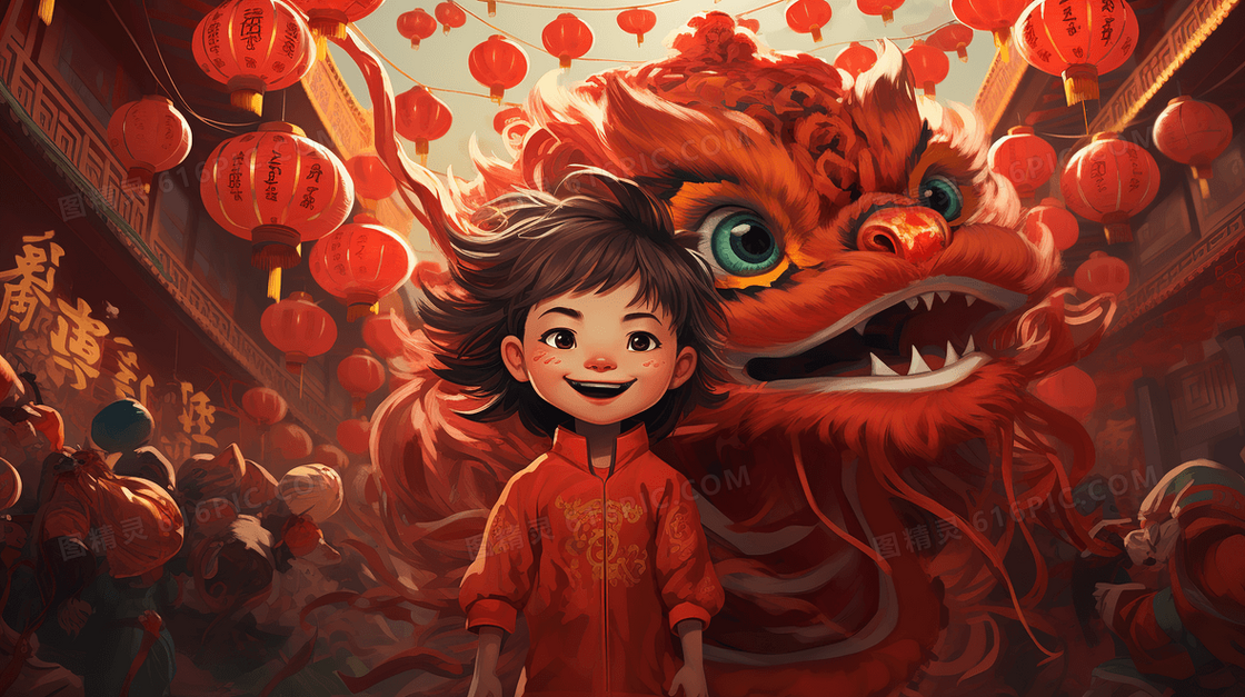 喜庆中国风节日舞狮庆贺传统表演创意插画