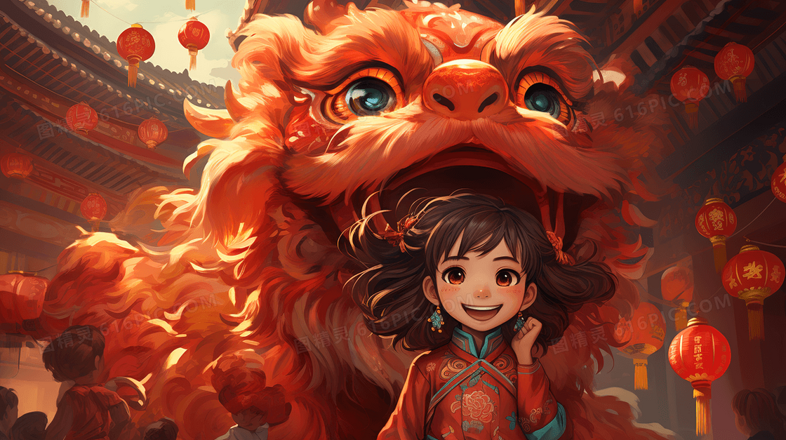 喜庆中国风节日舞狮庆贺传统表演创意插画