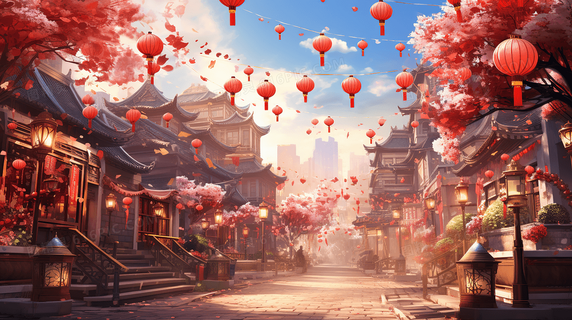 挂满红灯笼的古色古香的街道节日场景插画