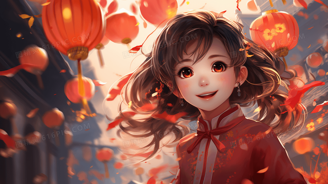 可爱女孩穿着红色喜庆的新衣服参加节日活动创意插画