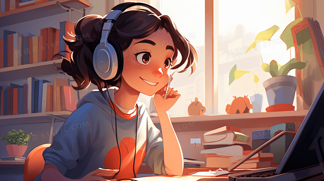 书桌前戴耳机看电脑听音乐的女孩插画