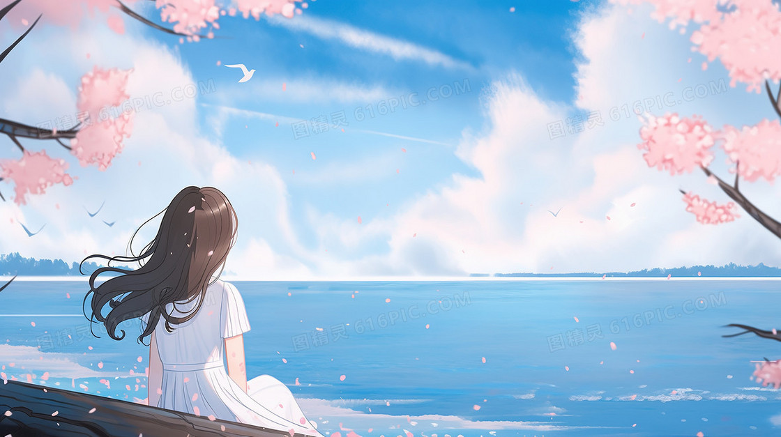 唯美治愈女生看海边风景插画
