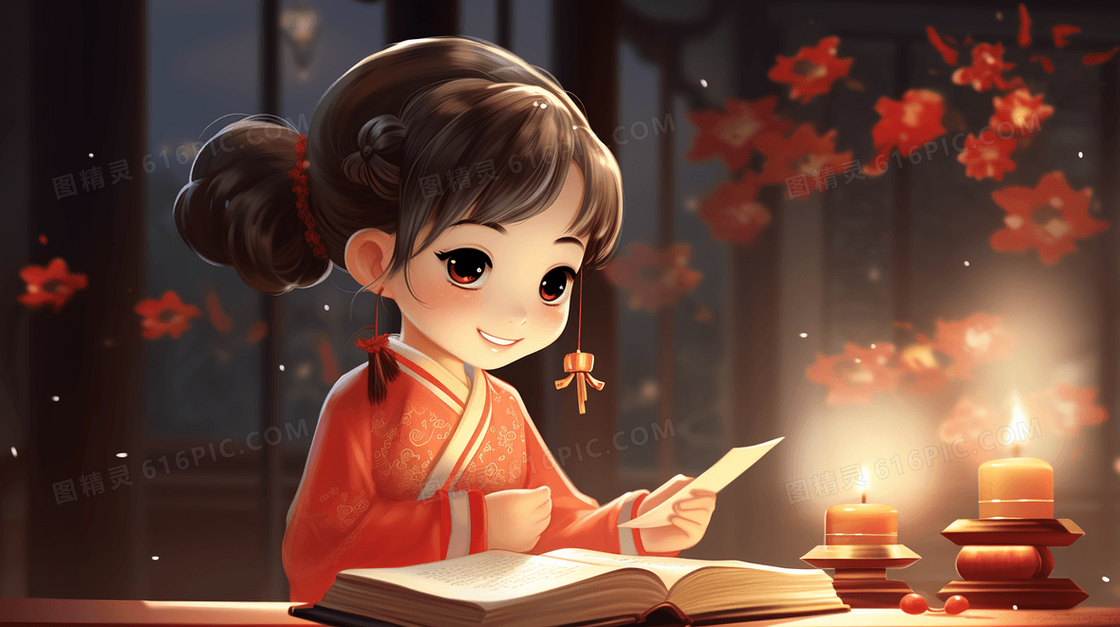 中国风古风读书的女孩插画