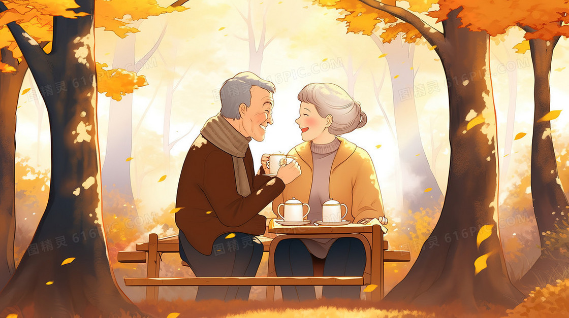 开心享受喝茶时光的老年夫妇创意插画