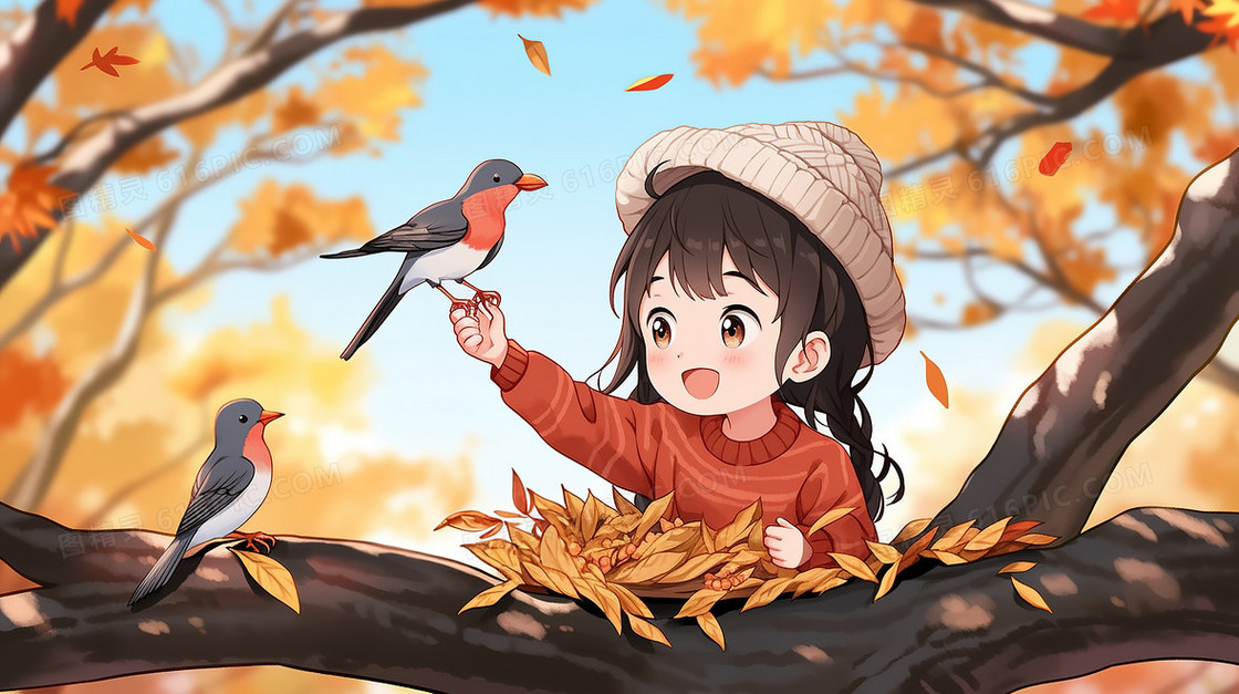 卡通女孩坐在树上给小鸟喂食插画