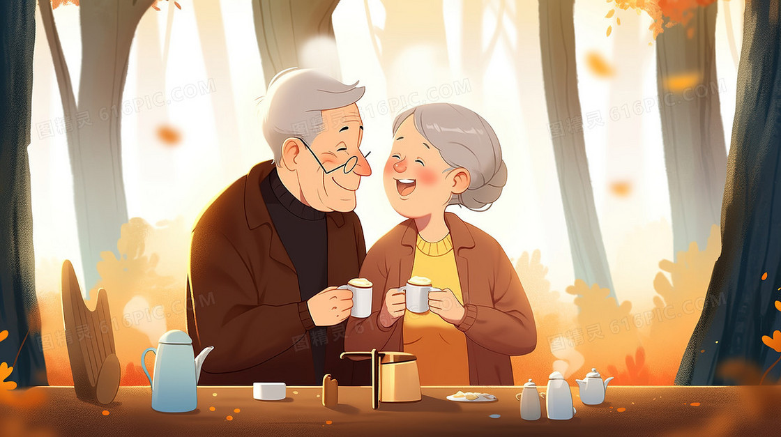 开心享受喝茶时光的老年夫妇创意插画