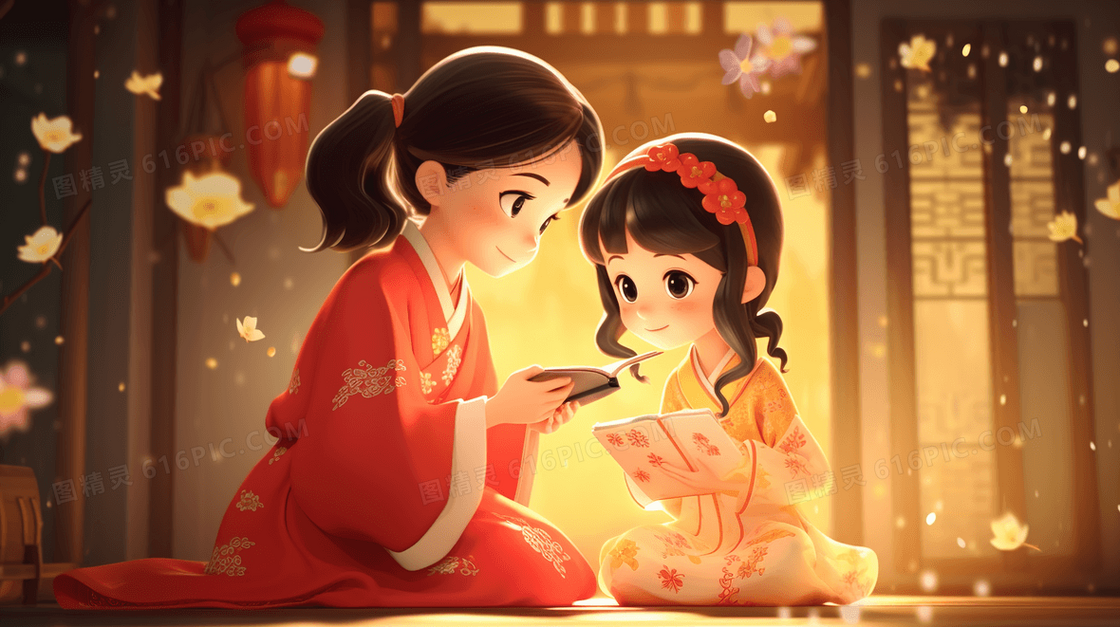中国风古风读书的女孩插画