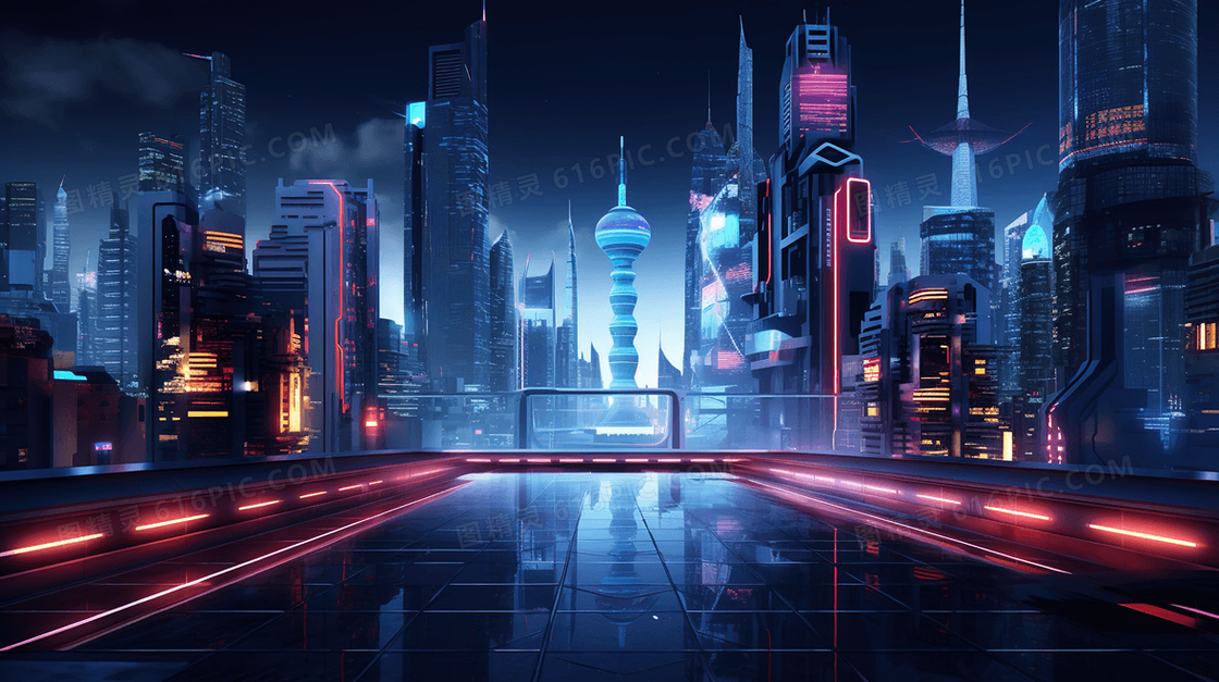 未来感商业中心大厦建筑城市绚烂夜景插画