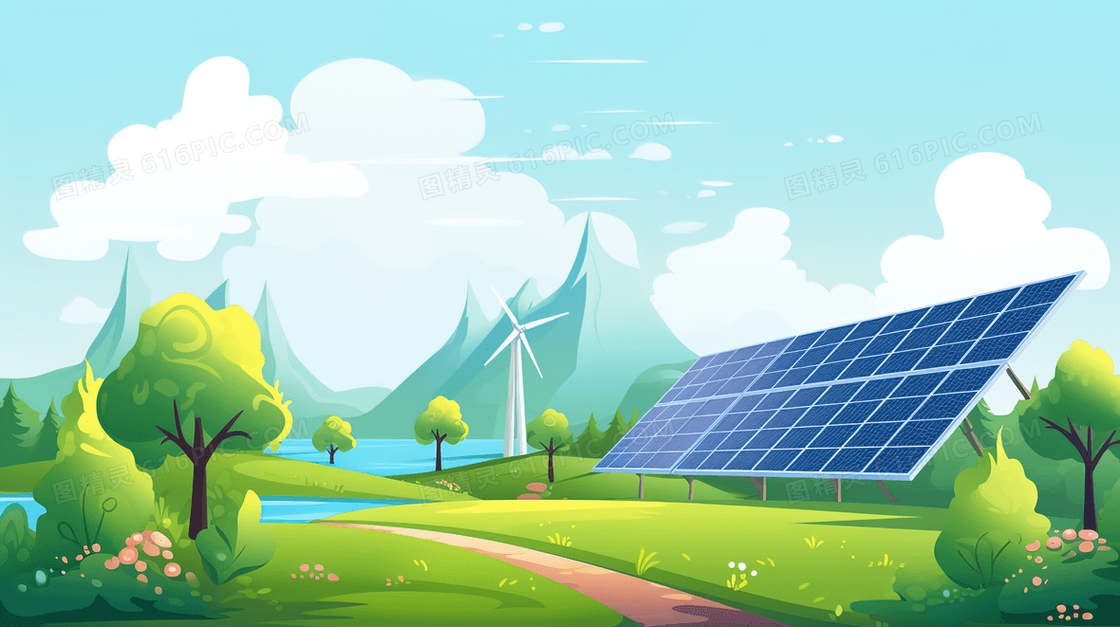 春天绿色太阳能光伏发电新能源风景插画