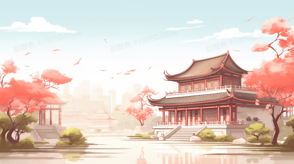 中国风古典宫殿建筑风景插画