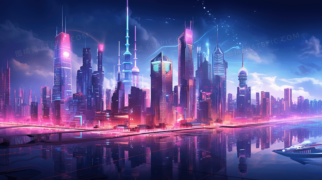 未来感商业中心大厦建筑城市绚烂夜景插画